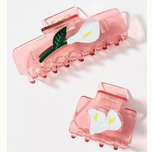 NEW Anthropologie 2 Calla Lillies Floral Hair Clips Pink Green White Translucent